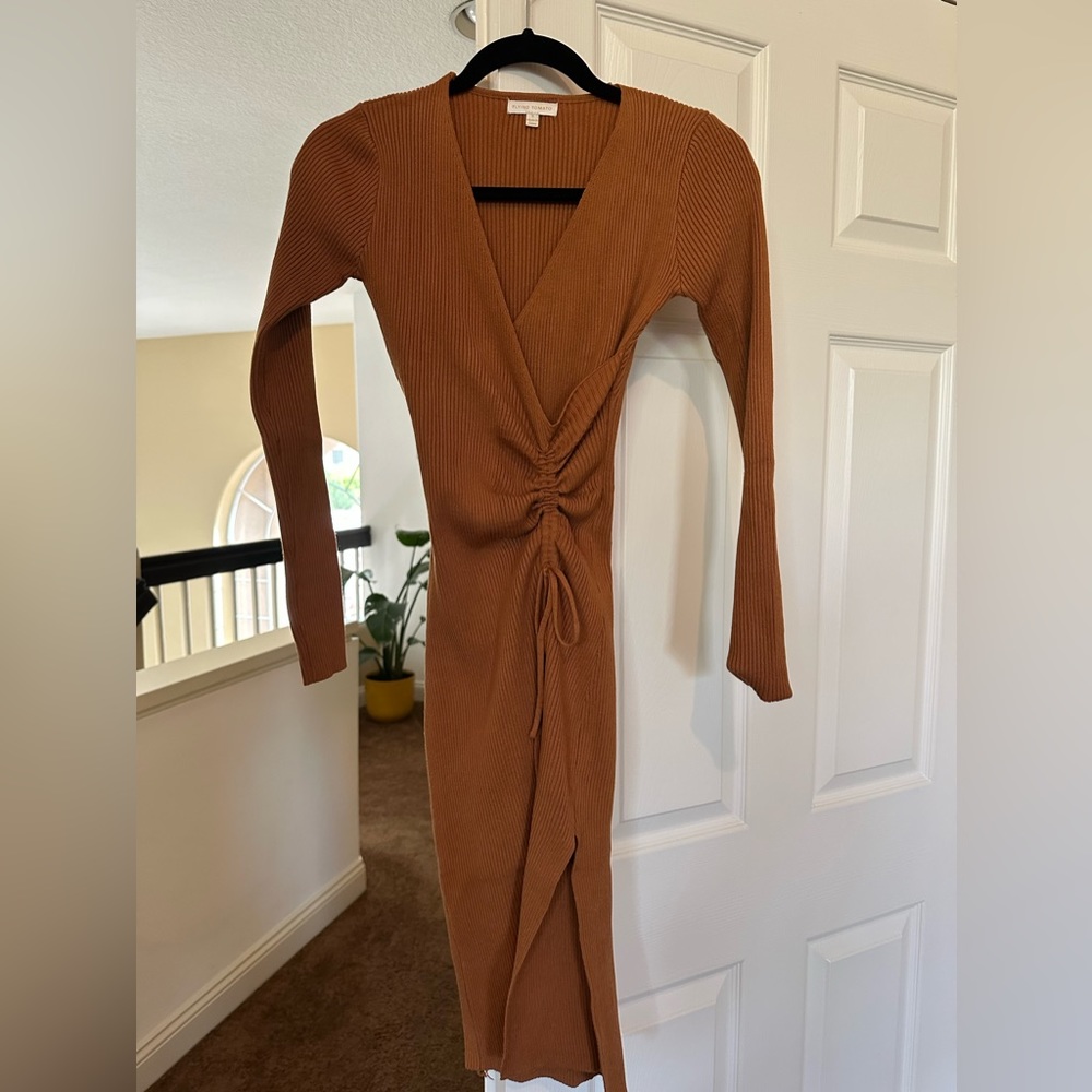 Flying tomato brown ruched long sleeve dress